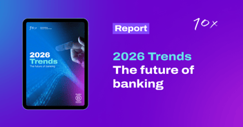 2026 trends: the future of banking report written over purple background, on left hand side is a mockup of the report