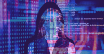 A woman with long hair is overlaid with colorful lines of computer code and binary numbers, creating a futuristic and technological visual effect.